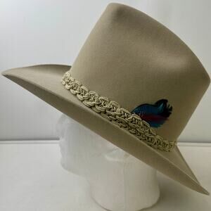 Vintage Resistol Tan Western Cowboy Hat with Braided Band & Feather